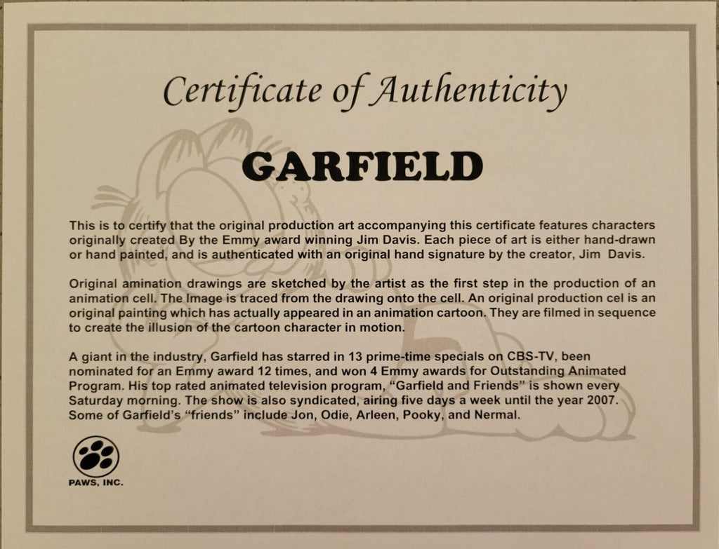 Jim Davis Autographed Garfield Original Hand Painted Production Cel Framed