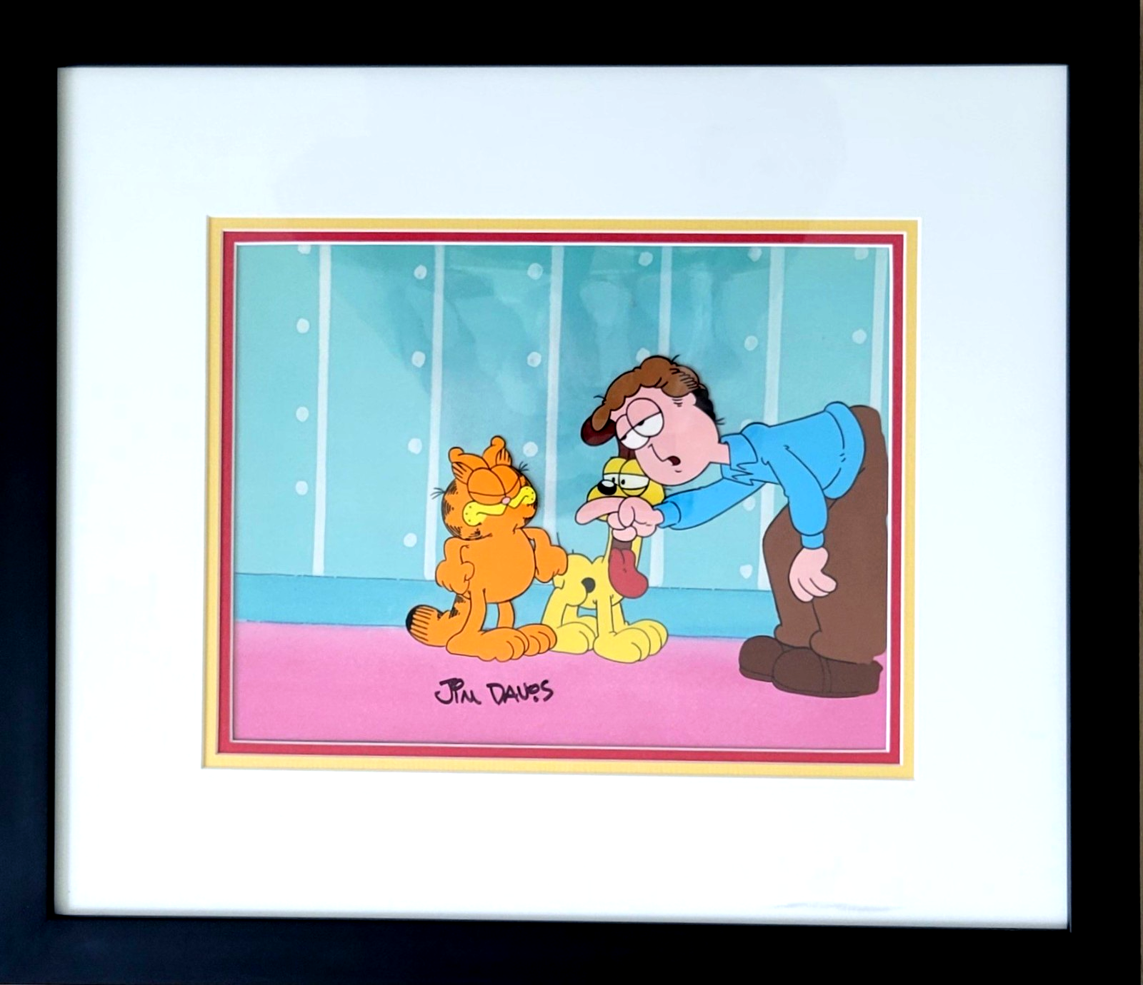 Jim Davis Autographed Garfield Original Hand Painted Production Cel Framed