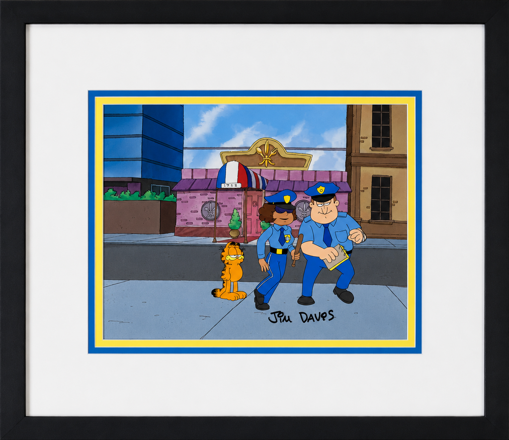 Jim Davis Autographed Garfield Original Hand Painted Production Cel Framed