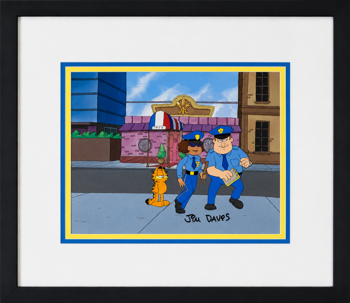 Jim Davis Autographed Garfield Original Hand Painted Production Cel Framed